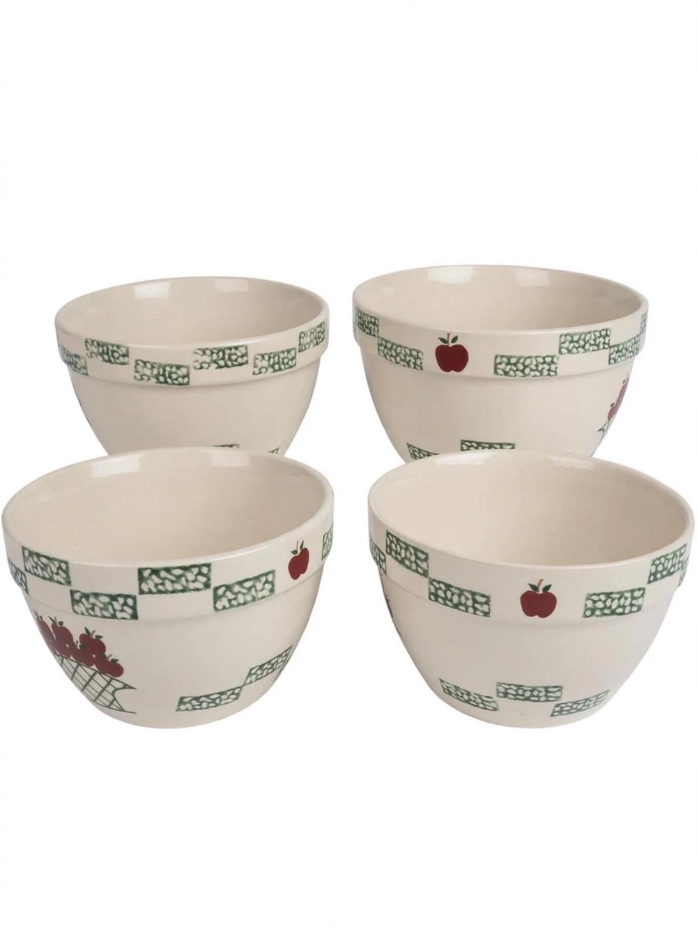 Cream Ceramic Mixing Bowls with Green Check and Red Apple Motif - Set of 4